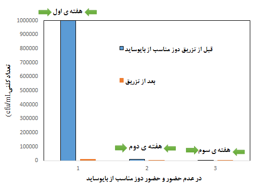 تعداد کلنی ها و آلودگی میکروبی در حضور و عدم حضور بایوساید0096